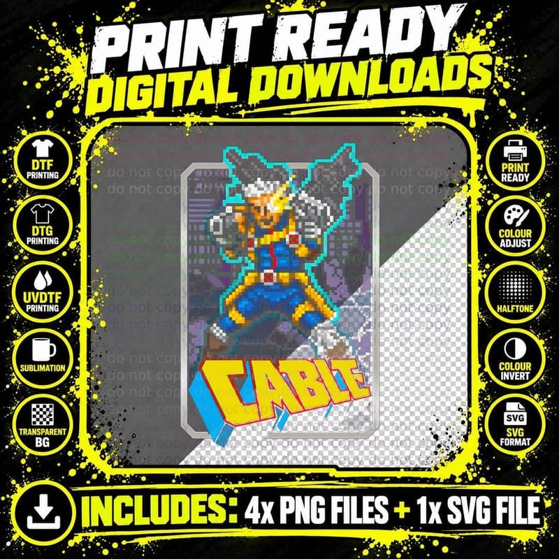 Cable Pixelated Retro Character with Cyan Outline Video Png SVG Digital Bundle