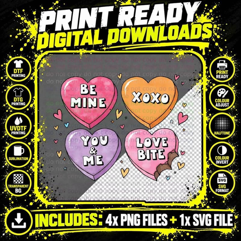 Candy Hearts Be Mine XOXO You Me Love Bite Y2k Retro Png SVG Digital Bundle