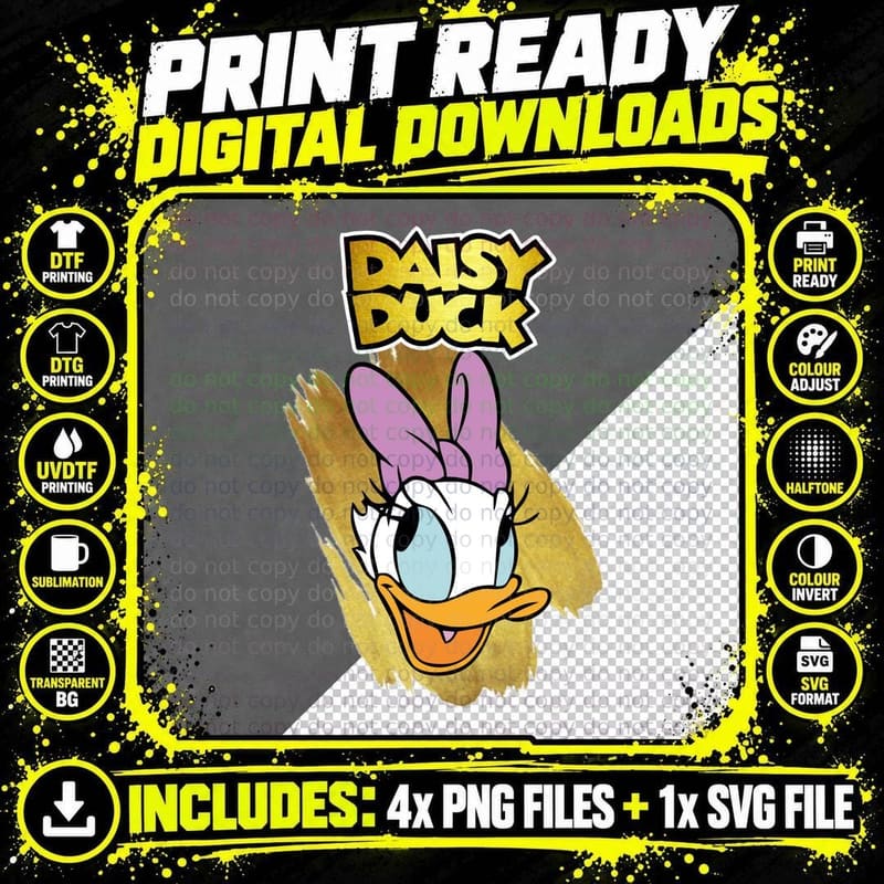 Cartoon Daisy Duck Character Yellow Beak Pink Bow Png SVG Digital Bundle