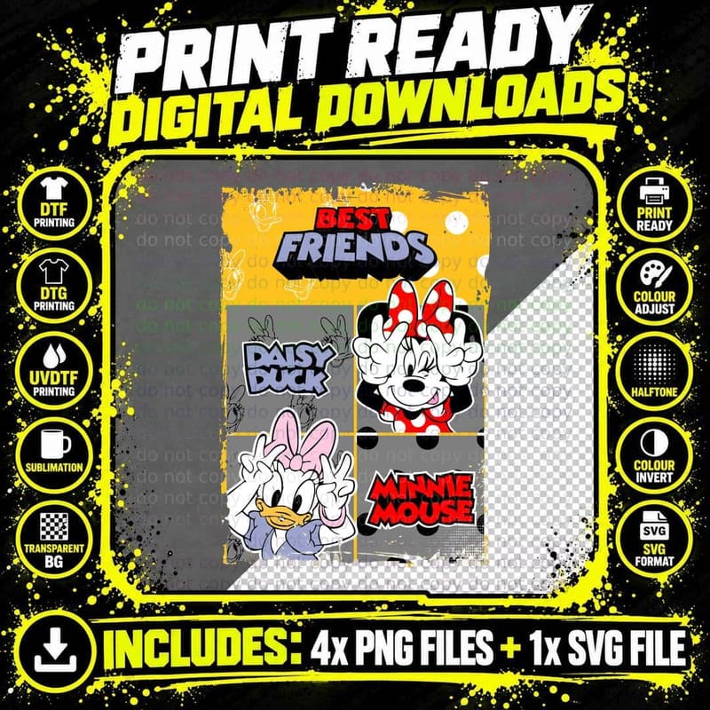 Cartoon Daisy and Minnie Friends Best Duck Mouse Duo Png SVG Digital Bundle