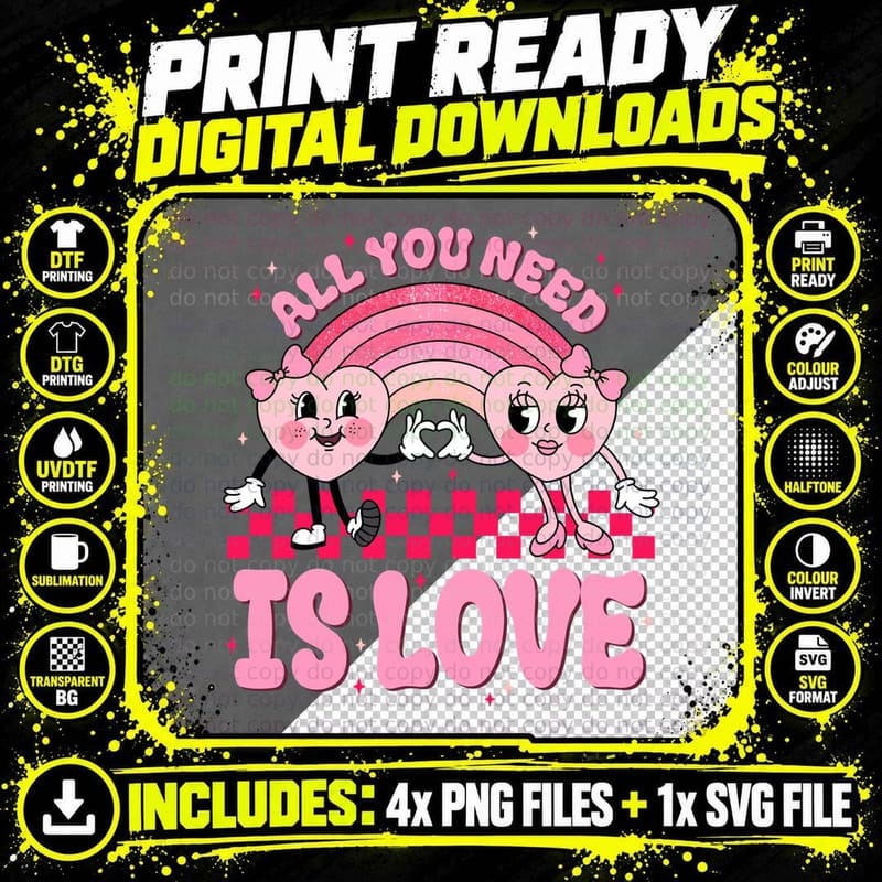 Cartoon Hearts with Rainbow All You Need Is Love Retro Png SVG Digital Bundle