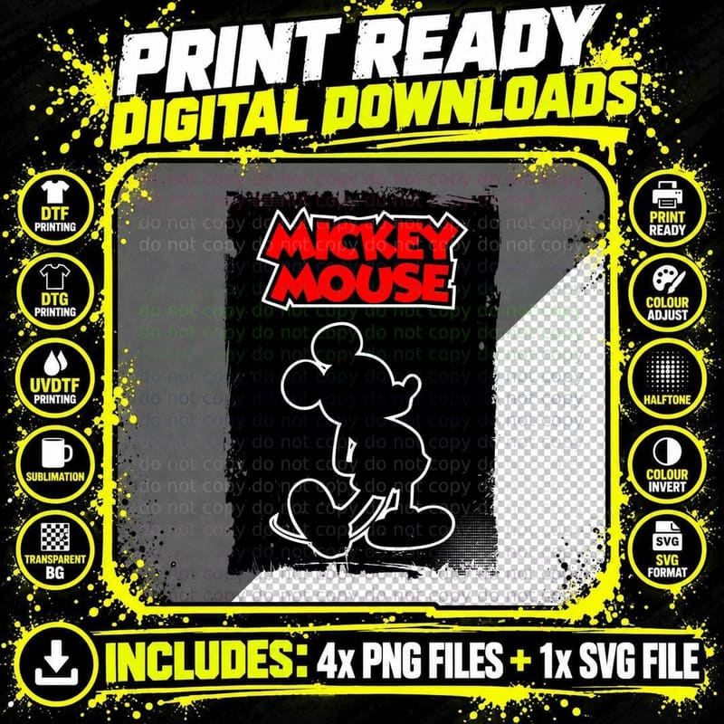Cartoon Mickey Mouse Outline White on Black Background Png SVG Digital Bundle