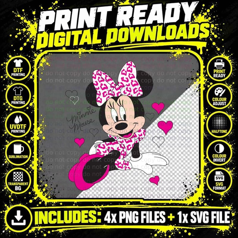 Cartoon Minnie Mouse Love Pink Heart Pattern Cute Png SVG Digital Bundle