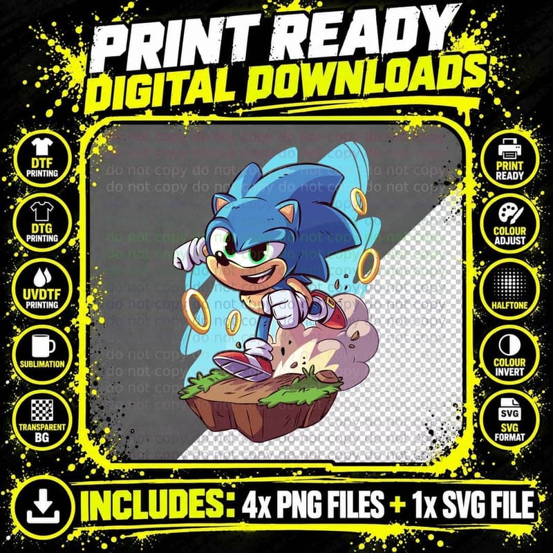Cartoon Sonic the Hedgehog Blue Spiky Character Gold Png SVG Digital Bundle