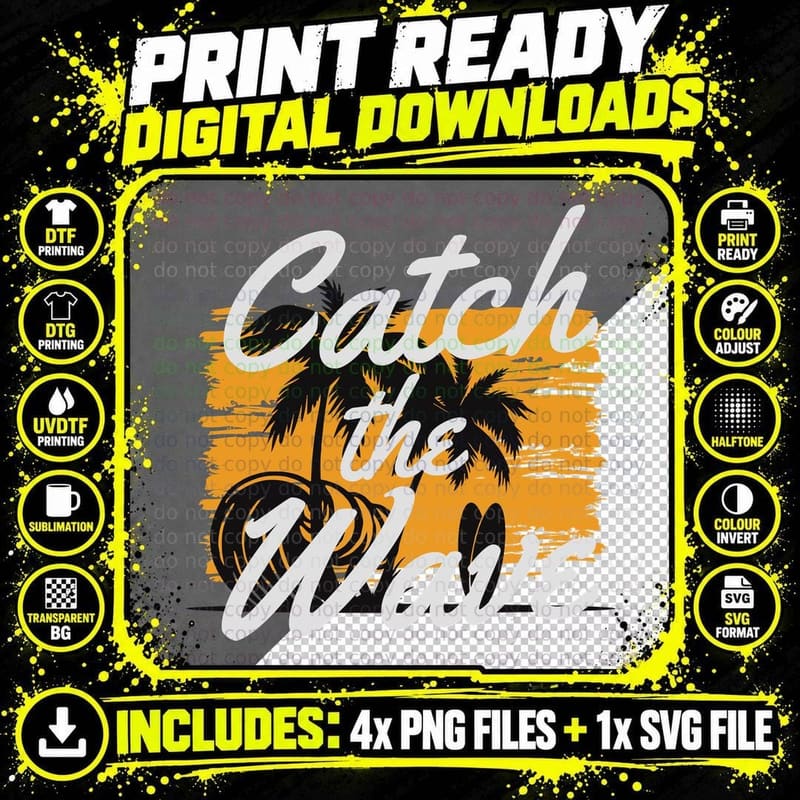 Catch the Wave Silhouette Surfer Orange Yellow Vintage Png SVG Digital Bundle