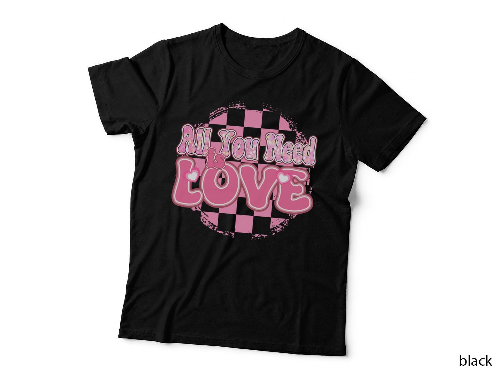 Checkered Heart All You Need Is Love Retro Pink T-Shirt
