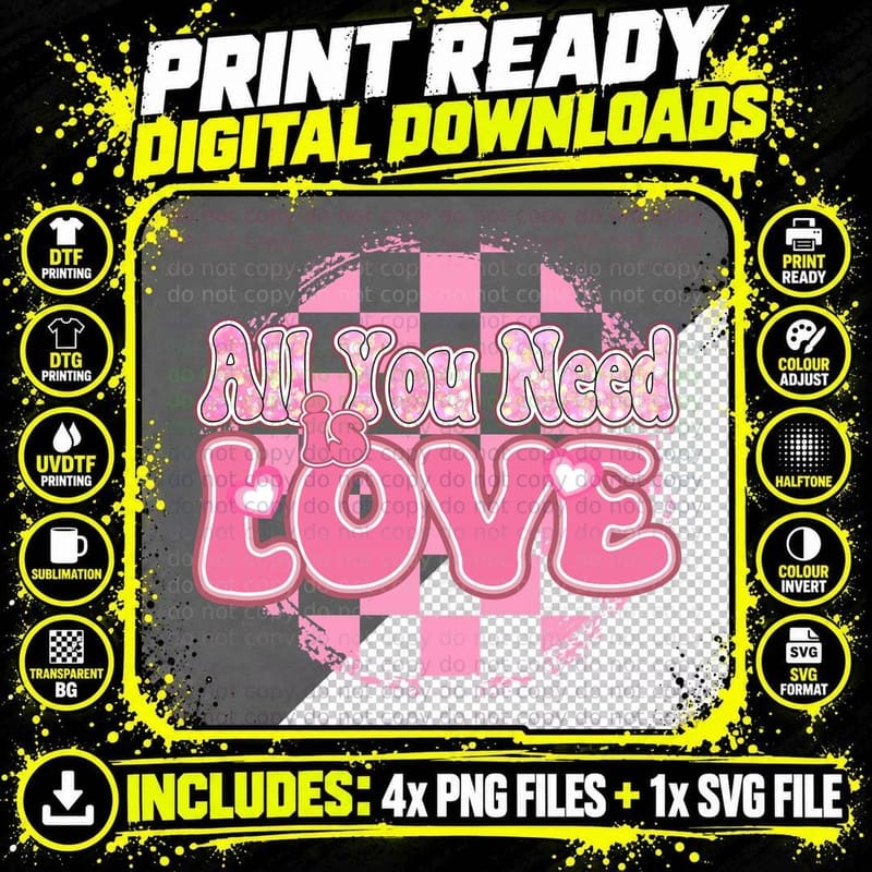 Checkered Heart All You Need Is Love Retro Pink T-Shirt Png SVG Digital Bundle