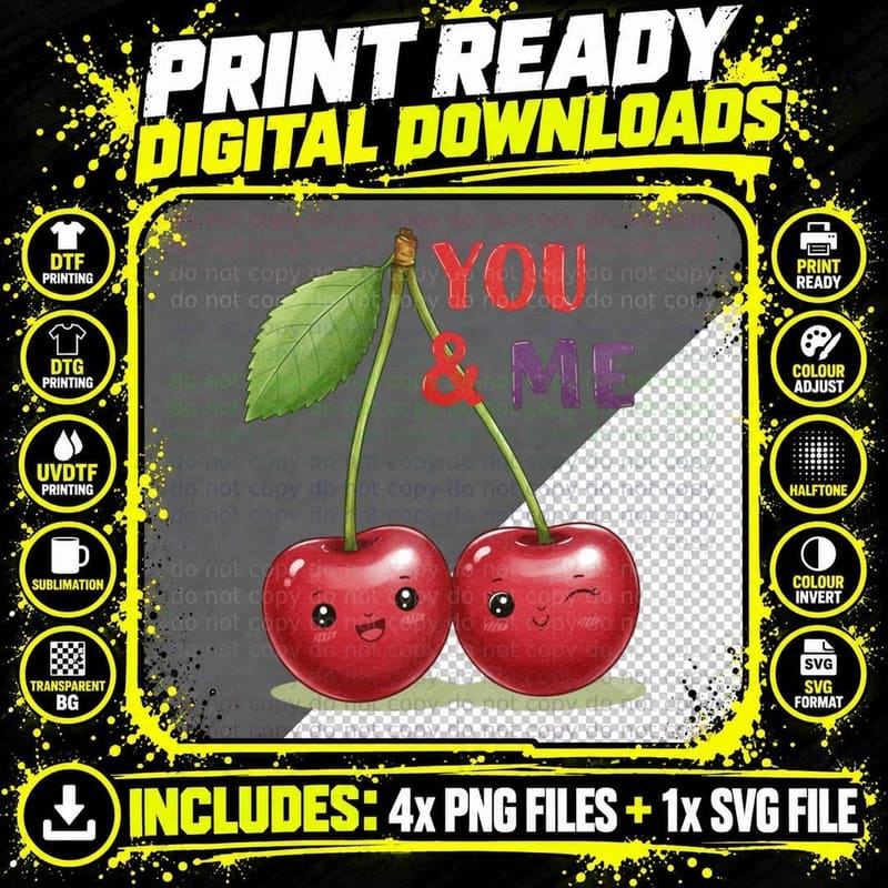Cherries You and Me Retro Fruit Cute Romantic T-Shirt Png SVG Digital Bundle