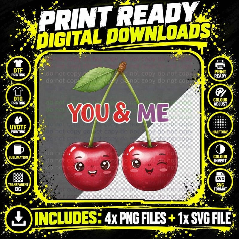 Cherries You and Me Retro Personified Cute T-Shirt Png SVG Digital Bundle