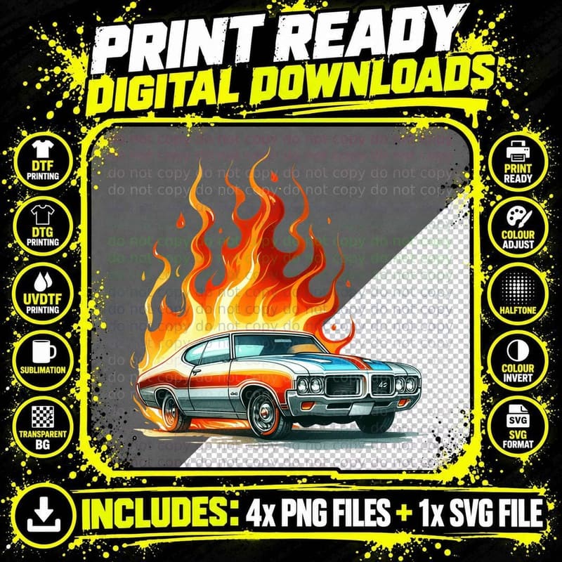 Chevrolet 427 Orange Cream Teal Car Flames Vintage Png SVG Digital Bundle