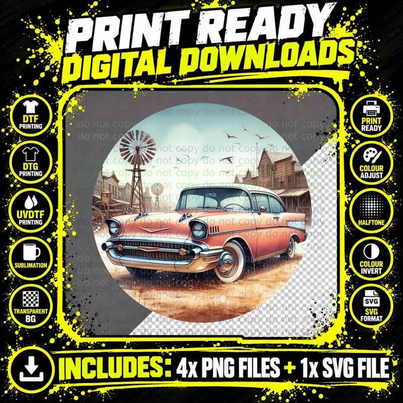 Chevrolet Western Halftone Vintage Car Windmill Saloon Png SVG Digital Bundle