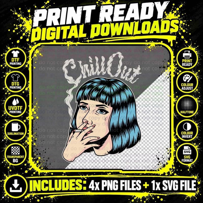 Chill Out Girl Bob Haircut Blue Tones Smoking Vintage Png SVG Digital Bundle