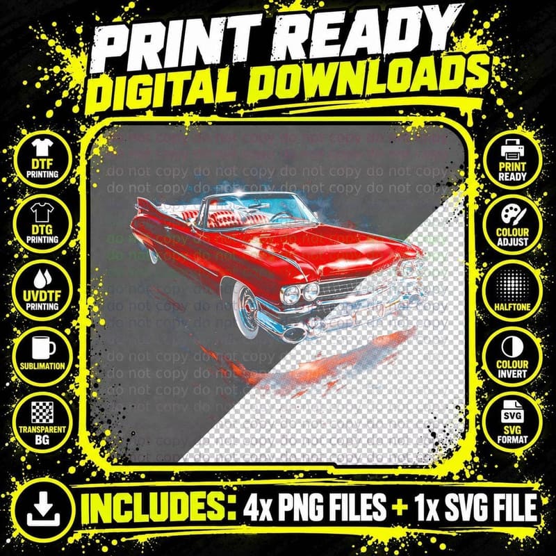 Chrome Fin Convertible T-Shirt, Halftone Classic Car Png SVG Digital Bundle