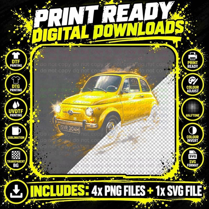 Cinquecento 500 T-Shirt, Halftone Classic Car Graphic Png SVG Digital Bundle