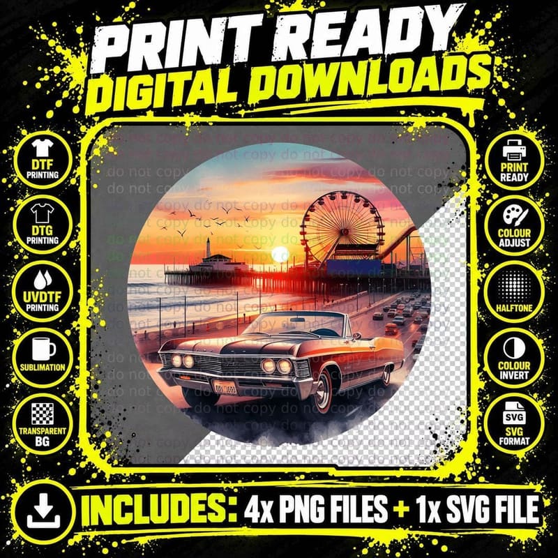 Classic Car Beach Pier Vintage Ferris Wheel Sunset Png SVG Digital Bundle