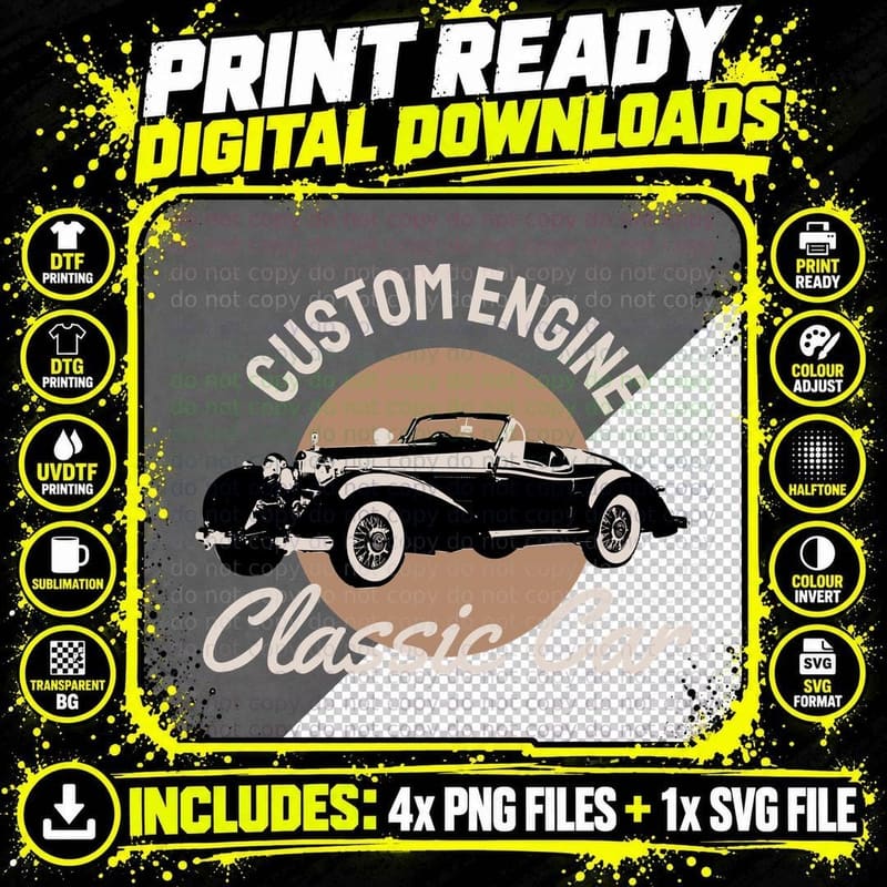 Classic Car Custom Engine Vintage Automobile Silhouette Png SVG Digital Bundle