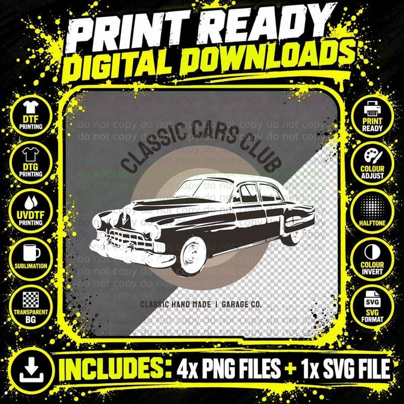 Classic Cars Club Hand Made Vintage Car Brown Cream Png SVG Digital Bundle