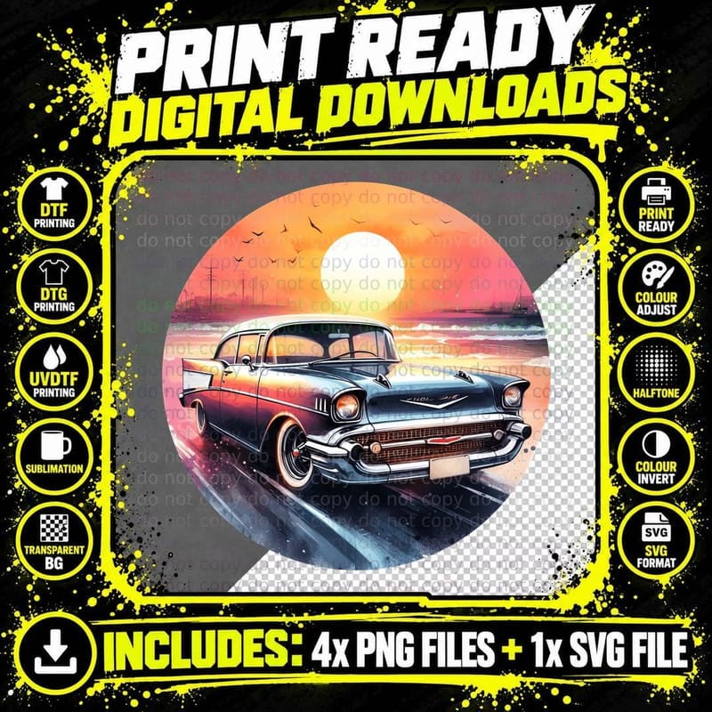 Classic Chevy Coupe 1950s Car Beach Pier Sunset Png SVG Digital Bundle