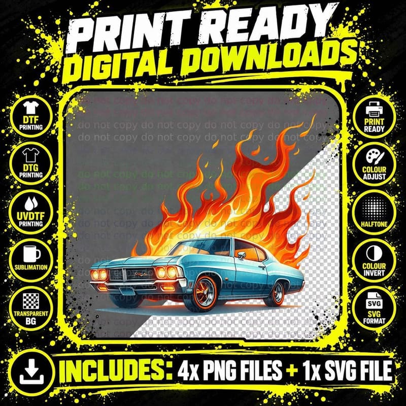 Classic Chevy Teal White Car Orange Flames Vintage Png SVG Digital Bundle