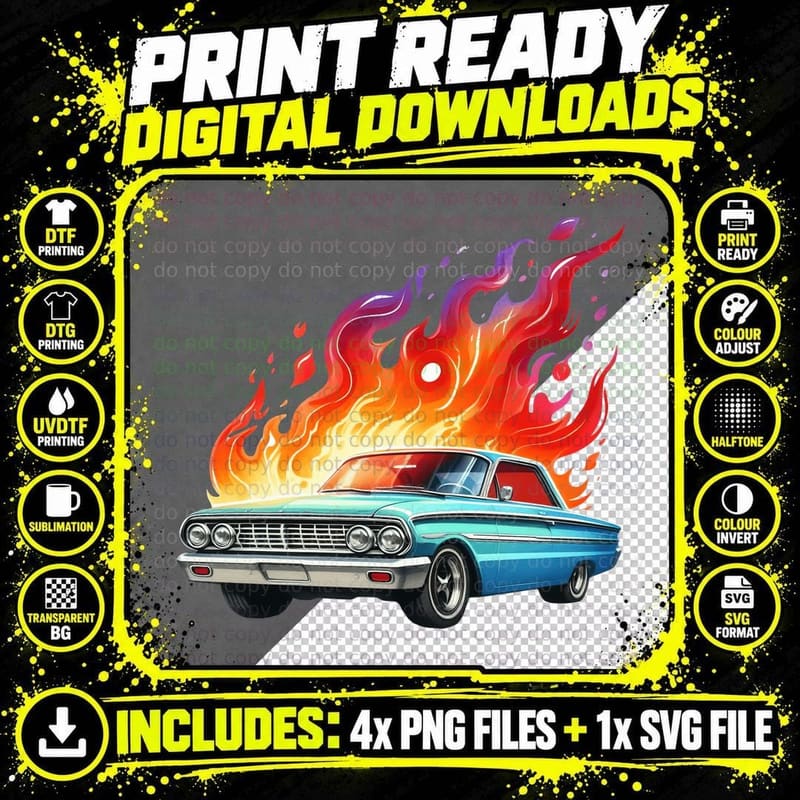 Classic Chevy Turquoise Blue Car Red Flames Custom Png SVG Digital Bundle