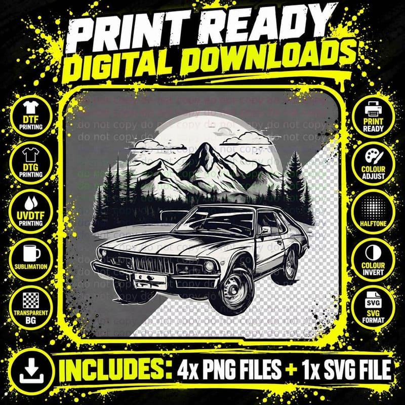 Classic Forest Car White Black Moon Landscape T-Shirt Png SVG Digital Bundle