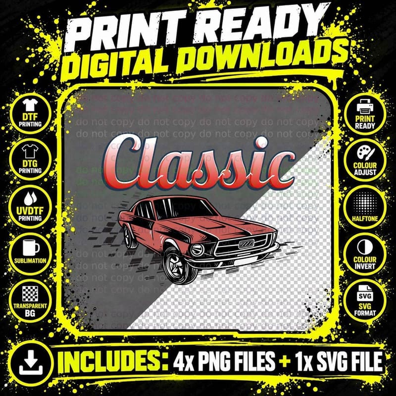Classic Red Car Orange Text Art T-Shirt Png SVG Digital Bundle