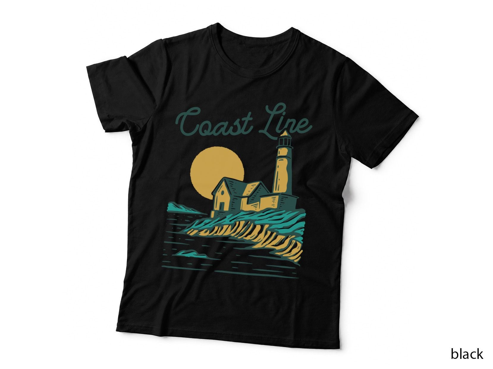 Coast Line Lighthouse Ocean Teal Retro T-Shirt