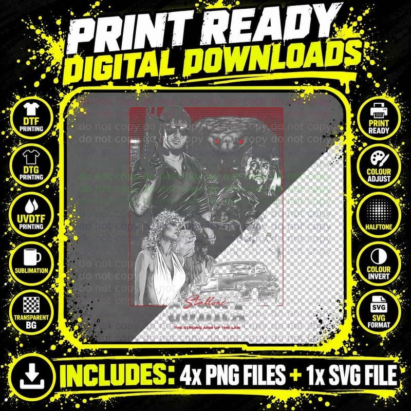 Cobra the Strong Arm of the Law Action Cop Black White Png SVG Digital Bundle