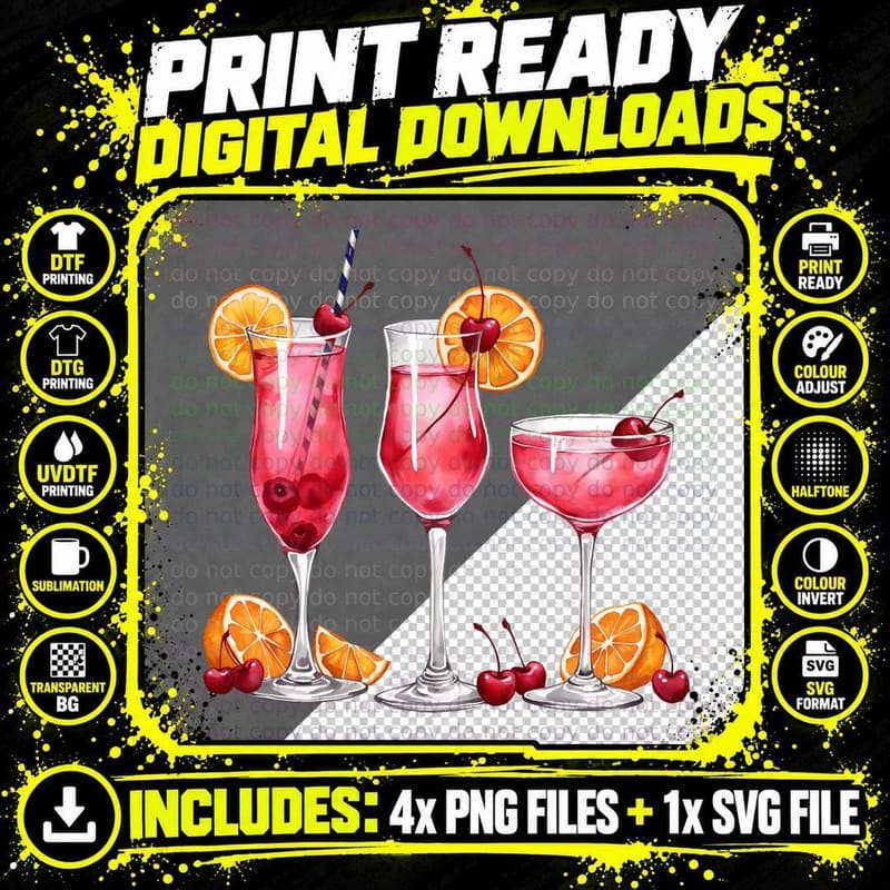 Cocktails Display Retro Pink Oranges Cherries Drinks Png SVG Digital Bundle
