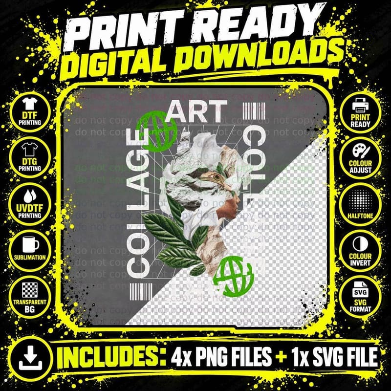 Collage Art Vintage Sculpture Flowers Green Creative Png SVG Digital Bundle