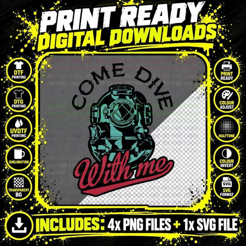 Come Dive with Me with Retro Diving Suit Helmet Cyan Png SVG Digital Bundle