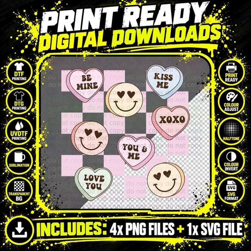 Conversation Hearts Be Mine Kiss Me XOXO You and Love Png SVG Digital Bundle
