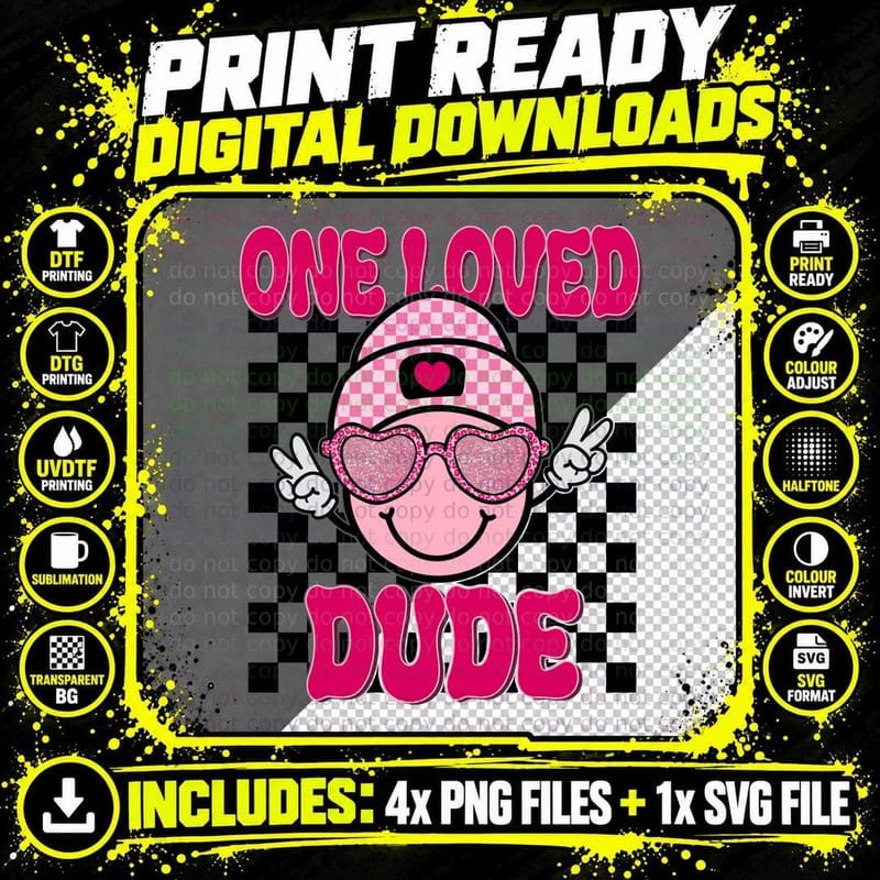 Cool Face Character One Loved Dude Y2k Checkered Pink Png SVG Digital Bundle