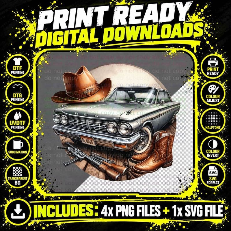 Cowboy Boots Western Gun Silver Buick Retro T-Shirt Png SVG Digital Bundle