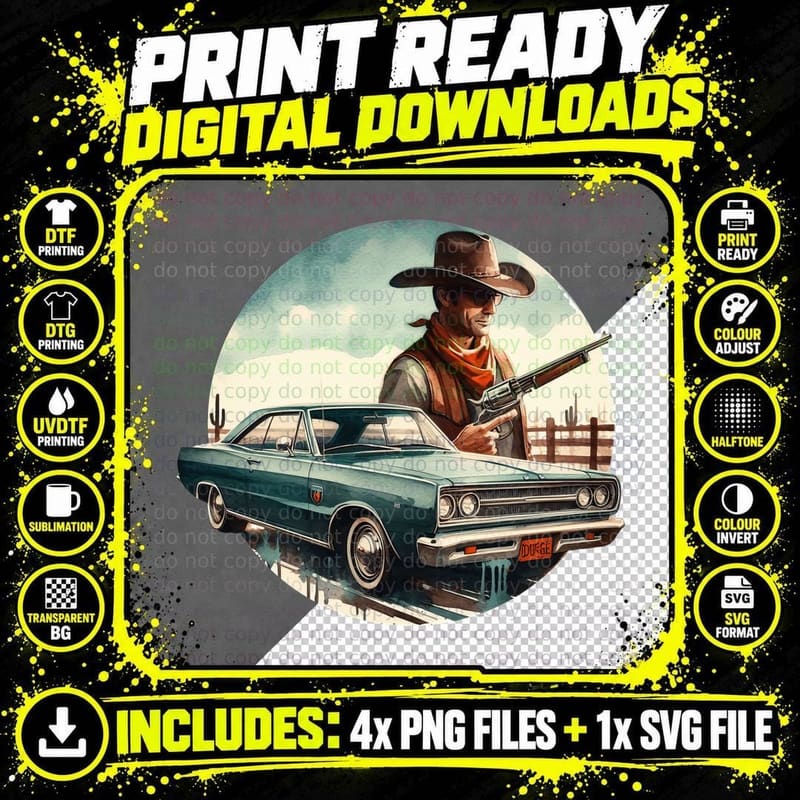 Cowboy Gunslinger Male Western Figure Teal Retro T-Shirt Png SVG Digital Bundle