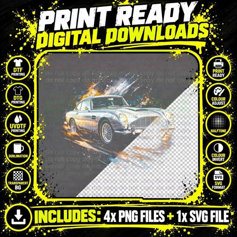 DB5 T-Shirt, Halftone Sports Car Graphic Tee Png SVG Digital Bundle