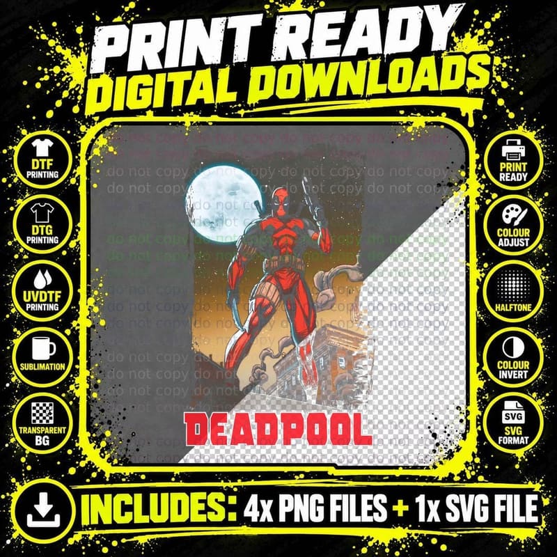 Deadpool Retro Superhero Halftone Moon Cityscape T-Shirt Png SVG Digital Bundle