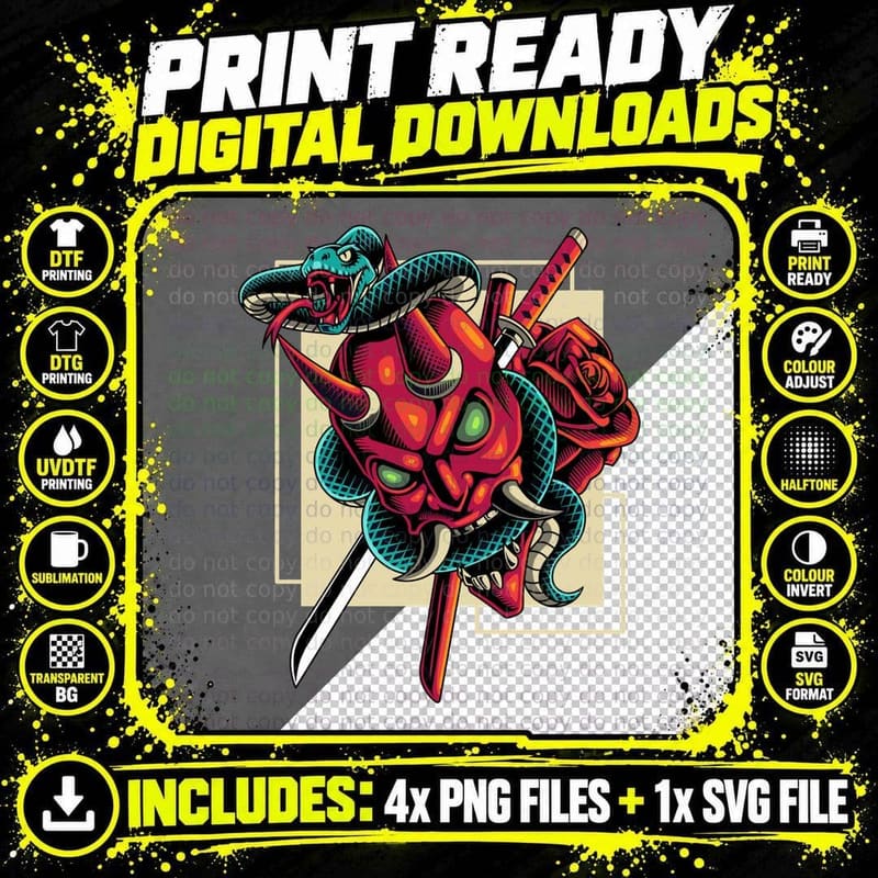 Demon Roses Swords Head Retro T-Shirt Png SVG Digital Bundle