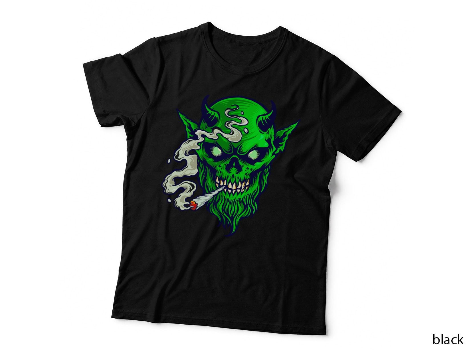 Demon Skull Green Horned with Cannabis Leaves Distressed Style T-Shirt