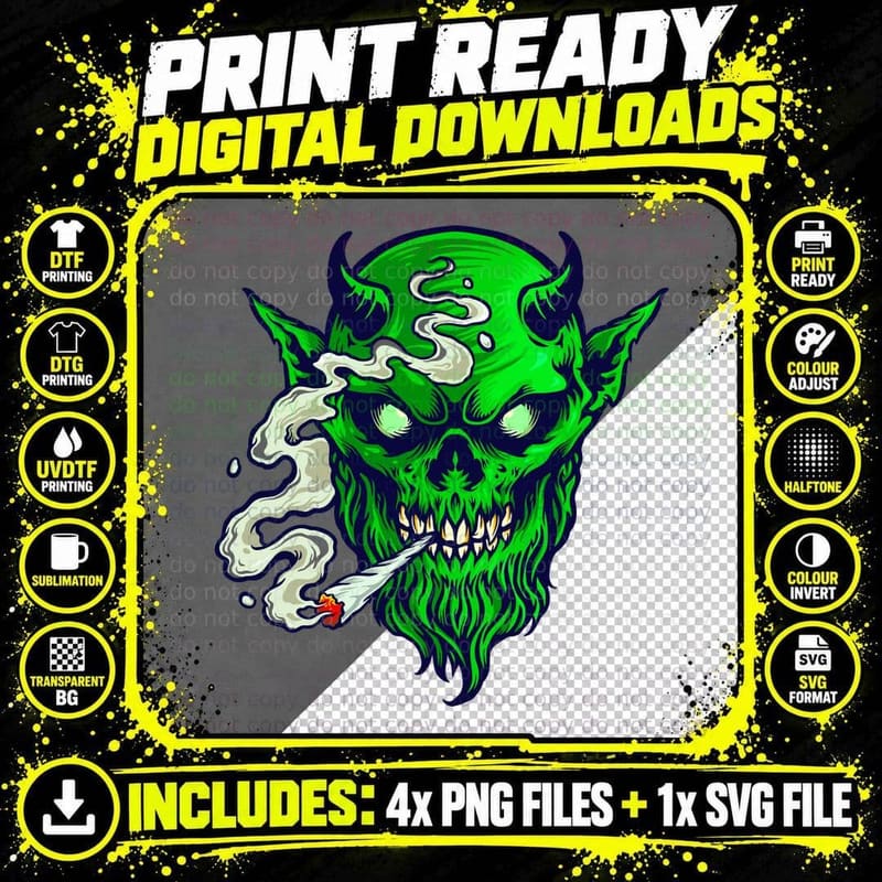 Demon Skull Green Horned with Cannabis Leaves Distressed Png SVG Digital Bundle