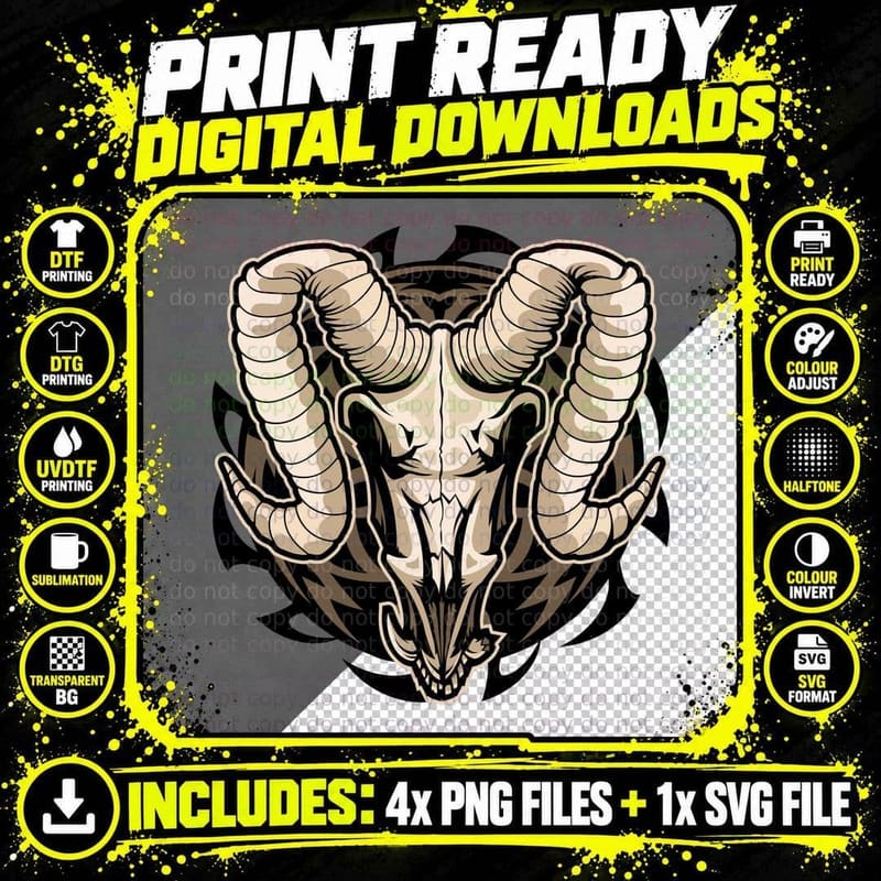 Demon Skull Horns Beast Tan Black Vintage T-Shirt Png SVG Digital Bundle