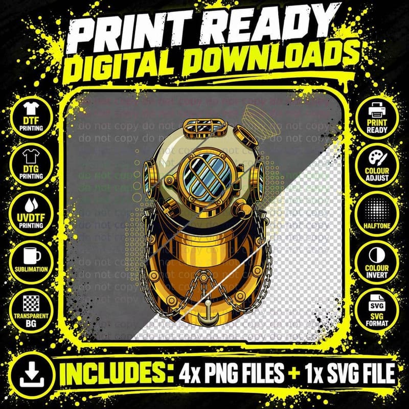 Diving Helmet Steampunk Gold Vintage Deep Sea Retro Png SVG Digital Bundle