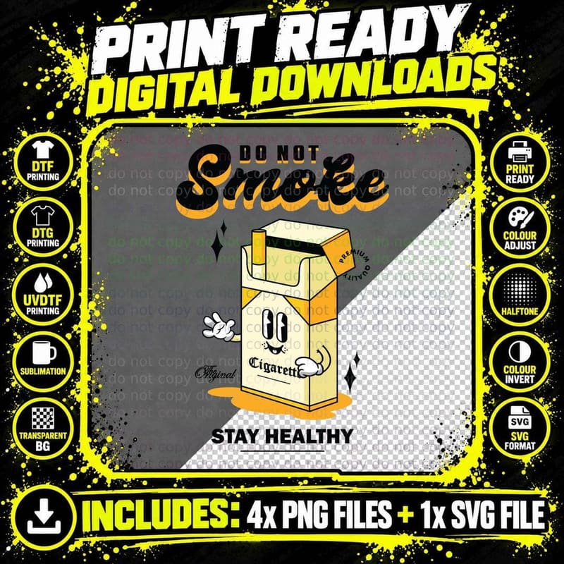Do Not Smoke Smokee Stay Healthy Cigarette Box Yellow Png SVG Digital Bundle