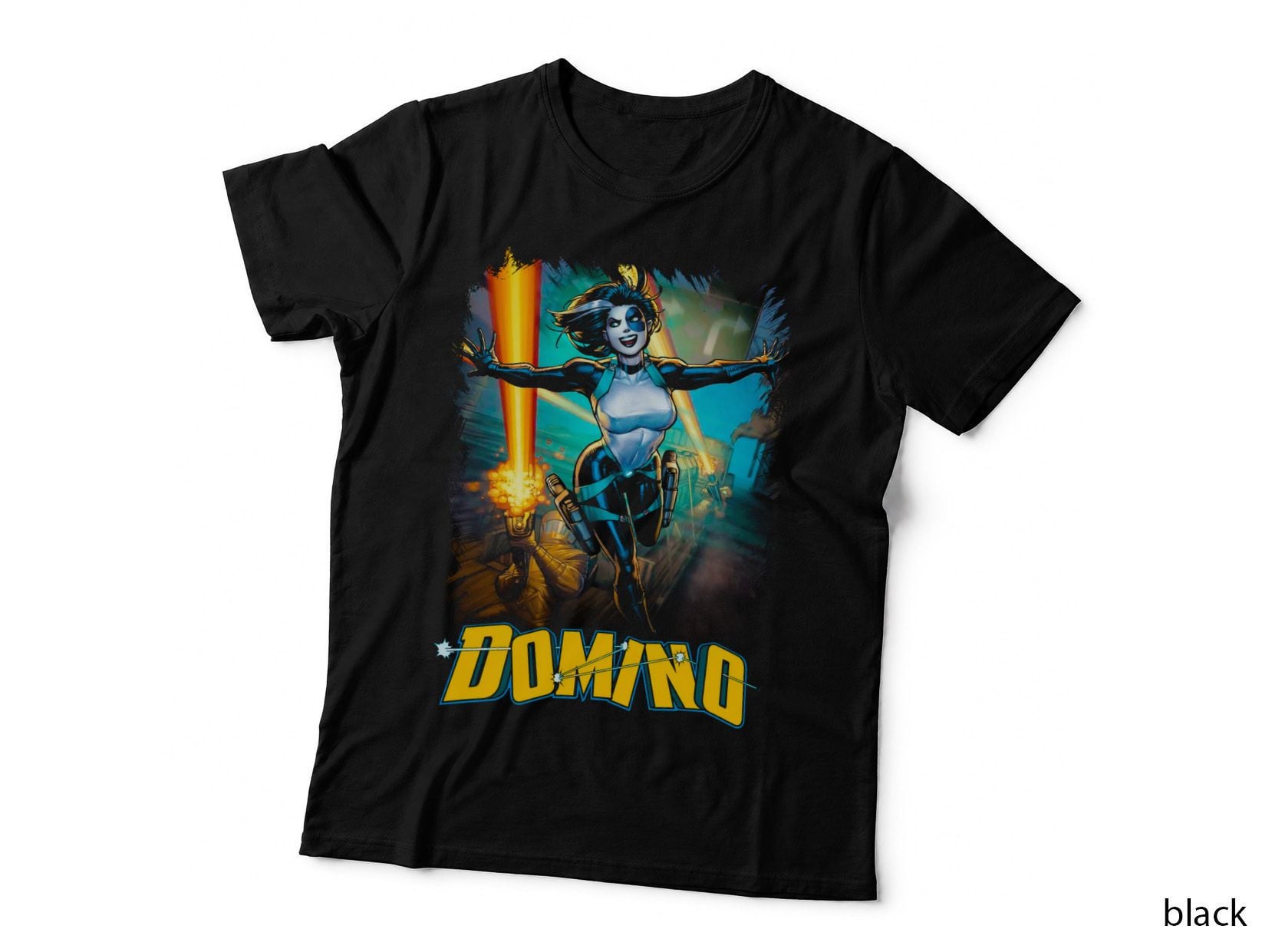 Domino Female Character Cyan Yellow Halftone Retro T-Shirt