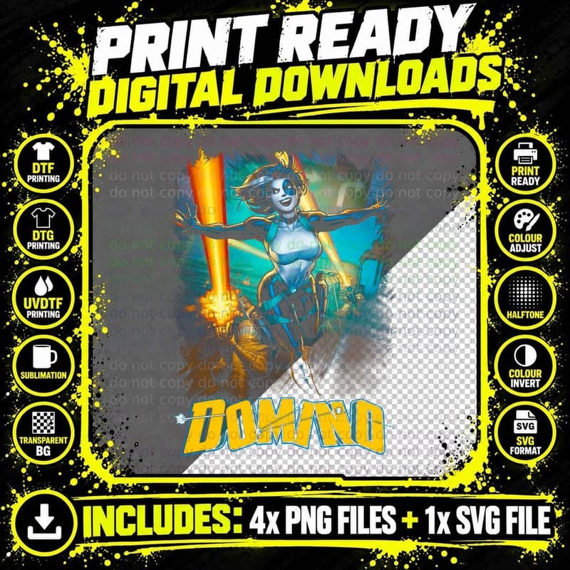 Domino Female Character Cyan Yellow Halftone Retro Png SVG Digital Bundle