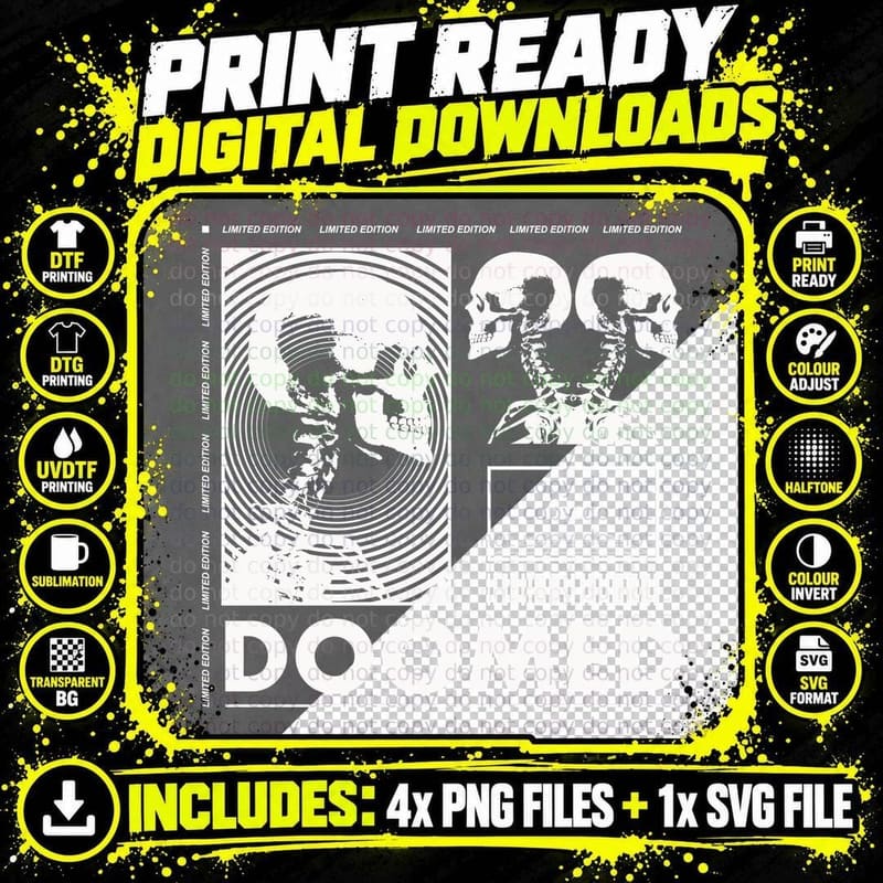 Doomed Limited Edition Fear Black Skull Halftone Png SVG Digital Bundle
