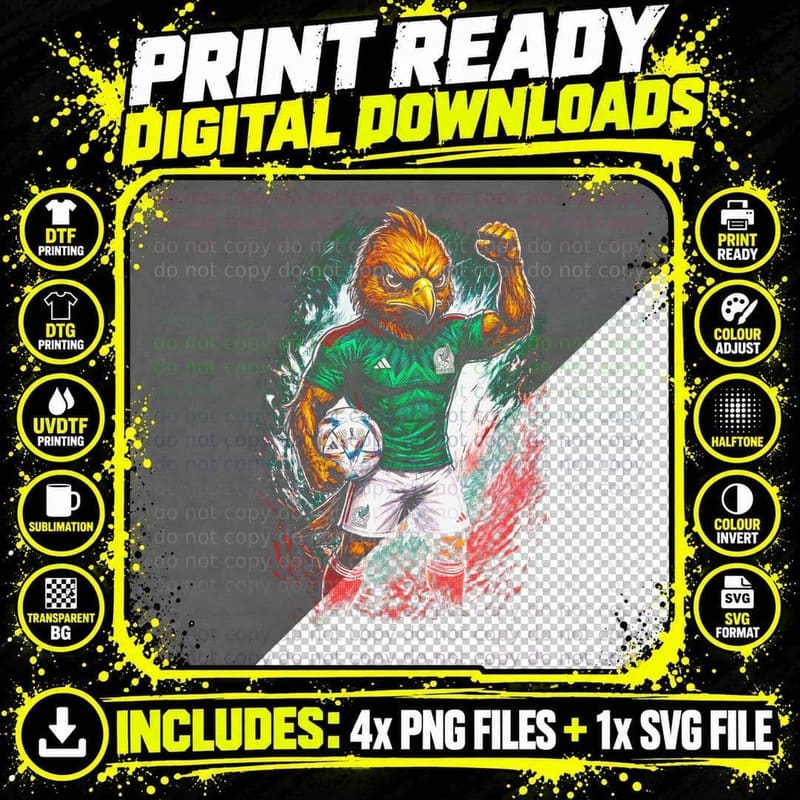 Eagle Footballer Mascot Distressed Splatter Green White Png SVG Digital Bundle