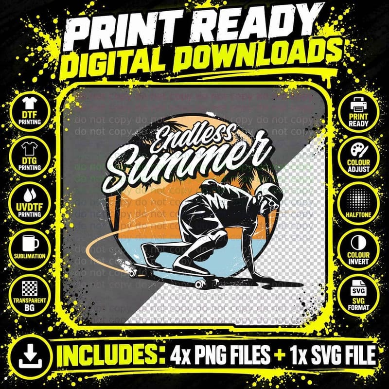 Endless Summer Skateboard Sunset Retro Beach Vintage Png SVG Digital Bundle
