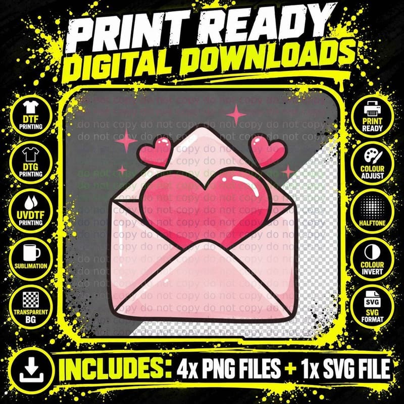 Envelope Heart Retro Love Letter Pink T-Shirt Png SVG Digital Bundle
