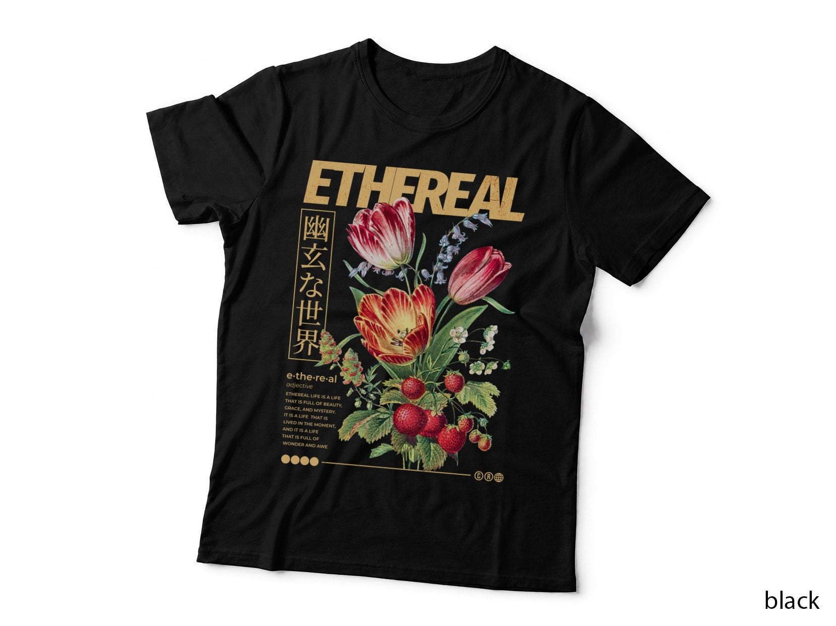 Ethereal Japanese Characters Flowers Berries Vintage Retro T-Shirt